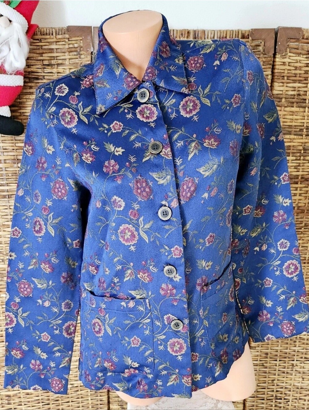 Boho Vintage 90s Blue Shine Brocade Floral Satin Embroidered Jacket Top Sz S